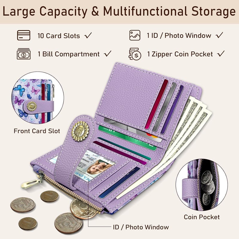 Kelvoris Small Rfid Butterfly Women Wallet Bifold Zipper Coin Pocket PU Leather Compact Cash Credit Card Holder Travel Wallet for Female Ladies Teen Girls 1 ID Window 10 Card Slots - Image 4
